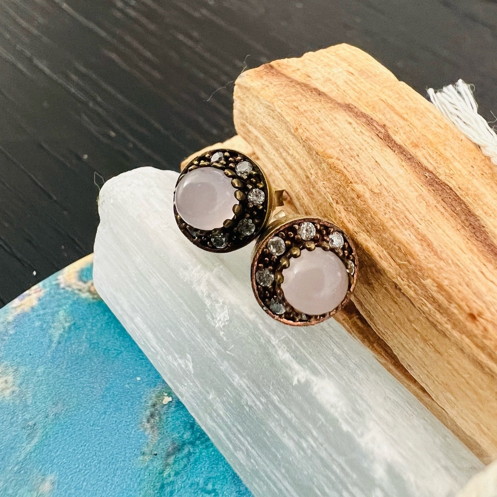 Rose Quartz Cabochon Halo Stud Earrings in Pale Pink